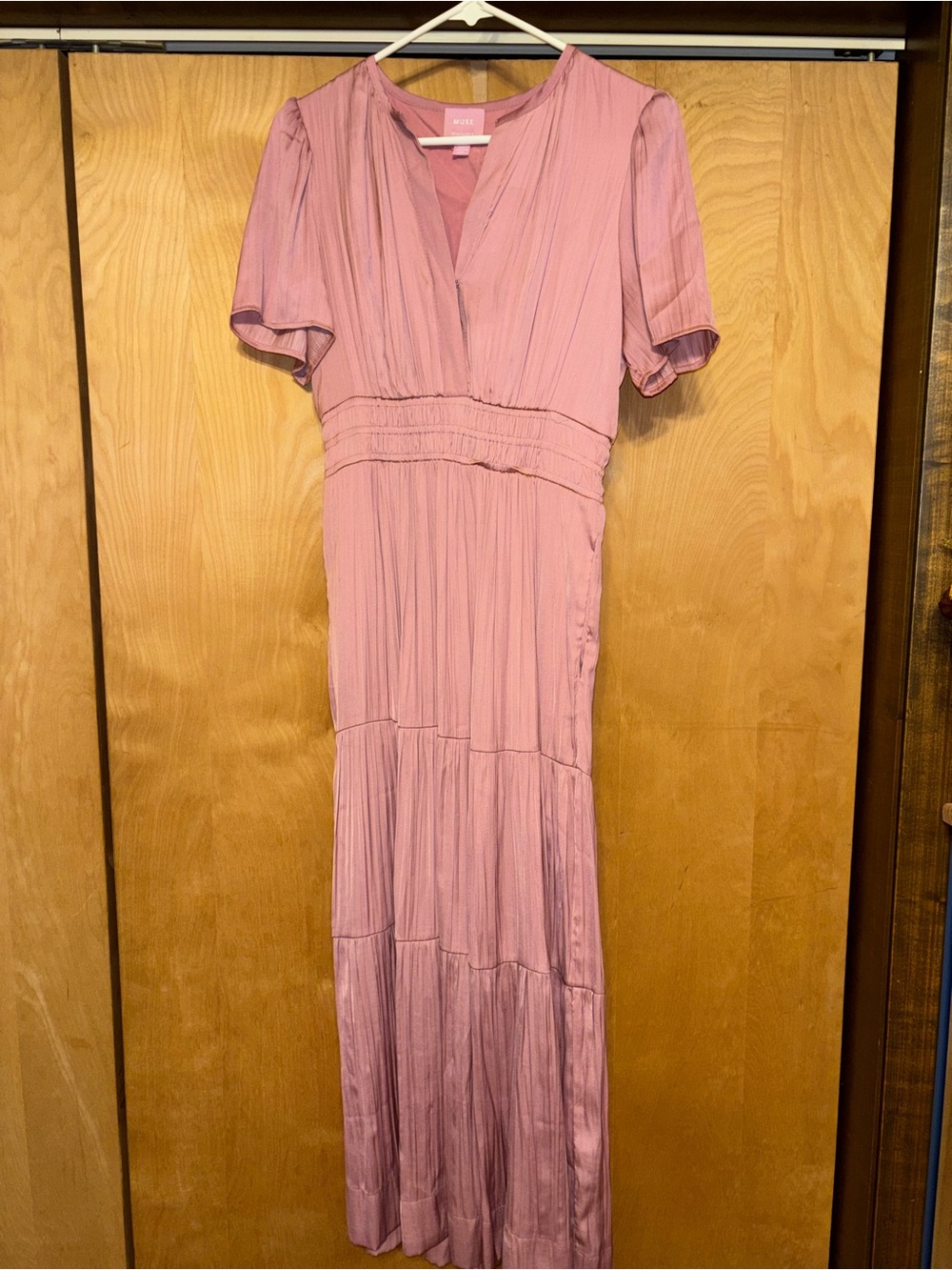 Muse Dusty Rose Maxi Dress with V-Neck and Puff Sleeves